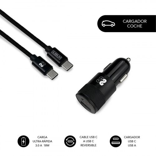 SUBBLIM - Cargador Ultra Rapido Coche 2xUSB PD18W+QC3.0 + Cable C to C Black (Ref.SUB-CHG-5CPD02)