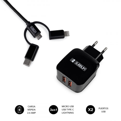 SUBBLIM - CARGADOR USB DE VIAJE/PARED 2xUSB (2.4A) + CABLE 3EN1 BLACK Negro Interior (Ref.SUB-CHG-1ZWC02)
