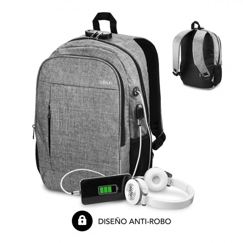 SUBBLIM - Mochila para Portátil Urban Lock Backpack 16" Grey (Ref.SUB-BP-1UL0001)