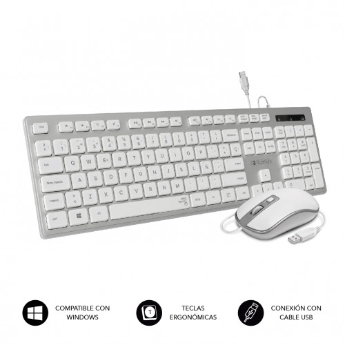 SUBBLIM - Teclado Ergonómico y ratón con cable USB Plano Silencioso Plateado/Blanco Ergo (Ref.SUBKBC-CEKE60)