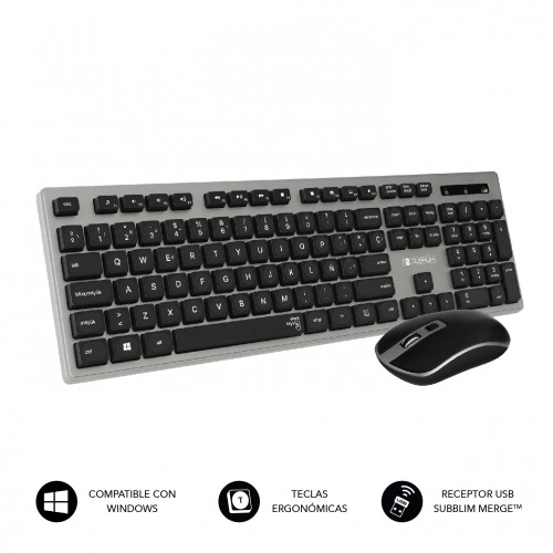SUBBLIM - Teclado Ergonómico y ratón inalámbricos Plano Silencioso Gris/Negro Ergo (Ref.SUBKBW-CEKE01)