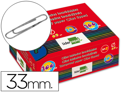 LIDERPAPEL - CLIPS N. 2 LABIADOS 33 MM CAJA DE 100 UNIDADES (Ref.LI03)