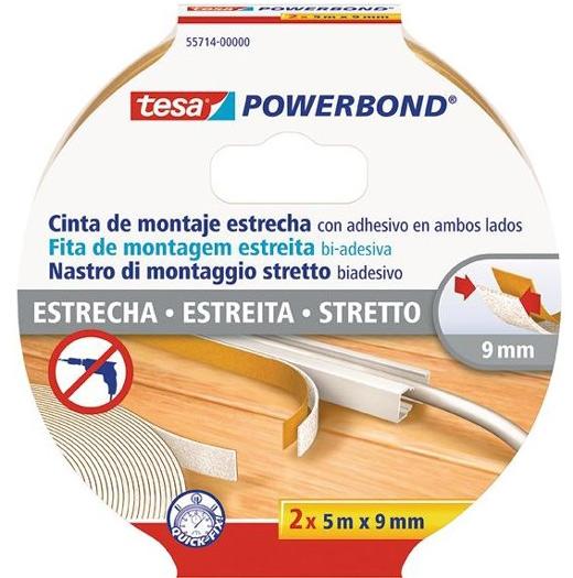 TESA - CINTA ADHESIVA DE MONTAJE ESTRECHA DOBLE CARA POWERBOND 2 ROLLOS DE 5MX9MM TRANSPARENTE (Ref.55714-00000-02)