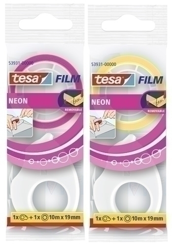 TESA - CINTA ADHESIVA FILM NEON AMARILLO/ROSA rollo 10x19 con MINI PORTAROLLO (Ref.53931-00000-00)