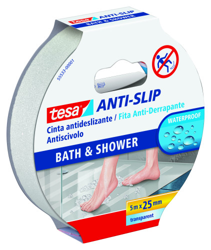 TESA - CINTA ANTIDESLIZANTE ADHESIVA BAÑO 5M X 25MM TRANSPARENTE (Ref.55533-00001-11)