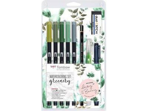 TOMBOW - KIT WATERCOLORING SET GREENERY (1X ABT-098,228,249,312, N52; WS-EFL01; MONO-100-H; EN-DC; WB-FN-1 P; PALETA DE MEZCLAS; INSTRUCCIONES) (Ref.WCS-GR)