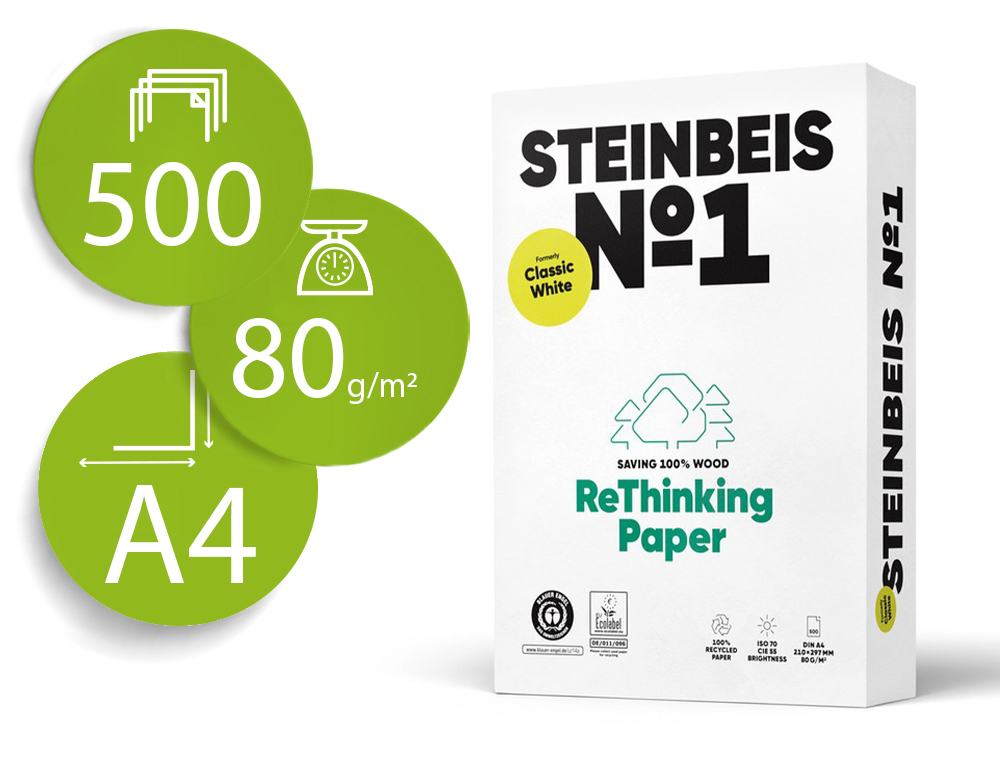 STEINBEIS Nº1 - Papel Fotocopiadora 100% RECICLADO CLASSIC WHITE - DIN A4 - 80gr - Paquete 500h (Ref.40002076)