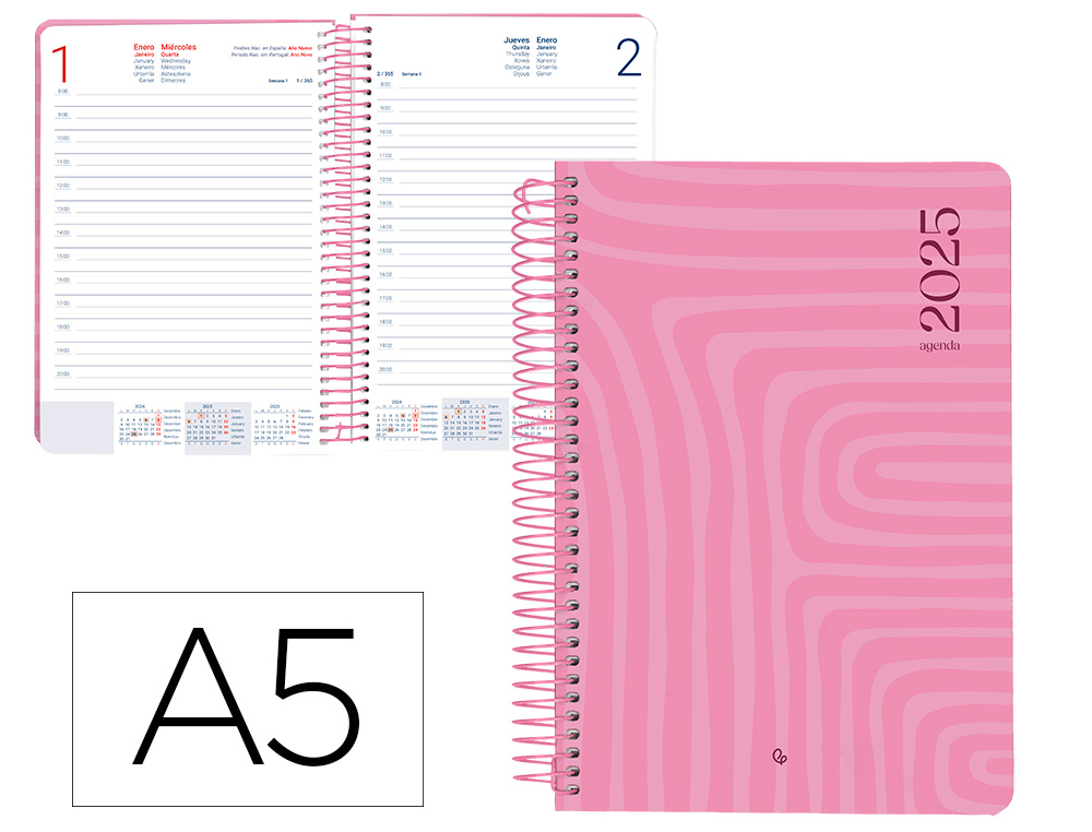 LIDERPAPEL - AGENDA ANUAL 2025 - SYROS - Espiral - Día Página - A5 148x210mm - ROSA (Ref.170422)