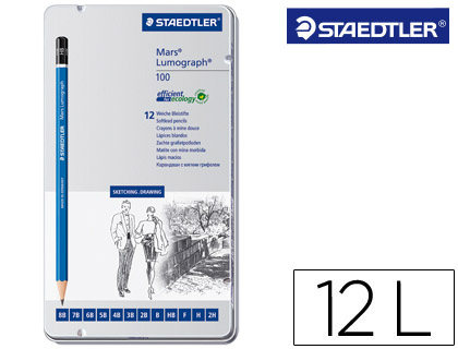 STAEDTLER - LAPICES DE GRAFITO STRAEDTLER MARS LUMOGRAPH 100 CAJA METALICA DE 12 LAPICES 8B- 7B-6B-5B-4B-3B-2B-B-HB-F-H-2H (Ref.100 G12 S)