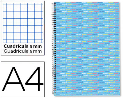 LIDERPAPEL - CUADERNO ESPIRAL A4 MICRO MULTILIDER TAPA FORRADA 140H 80 GR CUADRO 5MM 5 BANDAS 4 TALADROS CELESTE (Ref.BA57)