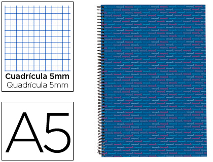 LIDERPAPEL - CUADERNO ESPIRAL A5 MICRO MULTILIDER TAPA FORRADA 140H 80 GR CUADRO 5MM 5 BANDAS 6 TALADROS AZUL (Ref.BJ08)