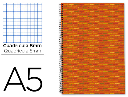LIDERPAPEL - CUADERNO ESPIRAL A5 MICRO MULTILIDER TAPA FORRADA 140H 80 GR CUADRO 5MM 5 BANDAS 6 TALADROS NARANJA (Ref.BJ13)