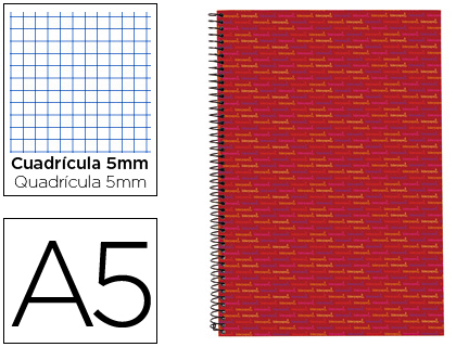 LIDERPAPEL - CUADERNO ESPIRAL A5 MICRO MULTILIDER TAPA FORRADA 140H 80 GR CUADRO 5MM 5 BANDAS 6 TALADROS ROJO (Ref.BJ09)