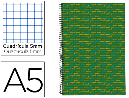 LIDERPAPEL - CUADERNO ESPIRAL A5 MICRO MULTILIDER TAPA FORRADA 140H 80 GR CUADRO 5MM 5 BANDAS 6 TALADROS VERDE (Ref.BJ10)