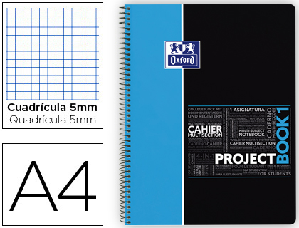 OXFORD - BLOC ESPIRAL TAPA PLASTICO MICROPERFORADO PROJECTBOOK1 DIN A4 80 HOJAS 90 GR CUADROS 5 MM AZUL APP (Ref.400043525)