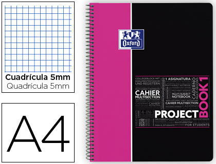 OXFORD - BLOC ESPIRAL TAPA PLASTICO MICROPERFORADO PROJECTBOOK1 DIN A4 80 HOJAS 90 GR CUADROS 5 MM ROSA APP (Ref.400043527)