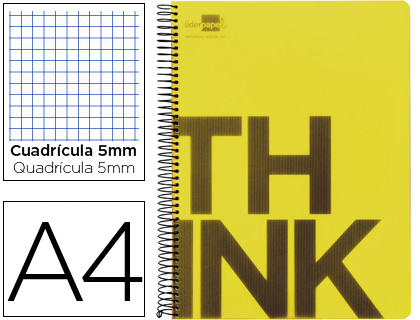 LIDERPAPEL - CUADERNO ESPIRAL A4 MICRO THINK TAPA PLASTICO 140H 80 GR CUADRO 5MM 5 BANDAS 4 TALADROS AMARILLO (Ref.BA20)