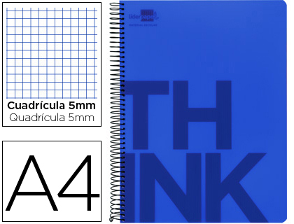 LIDERPAPEL - CUADERNO ESPIRAL A4 MICRO THINK TAPA PLASTICO 140H 80 GR CUADRO 5MM 5 BANDAS 4 TALADROS AZUL (Ref.BA15)