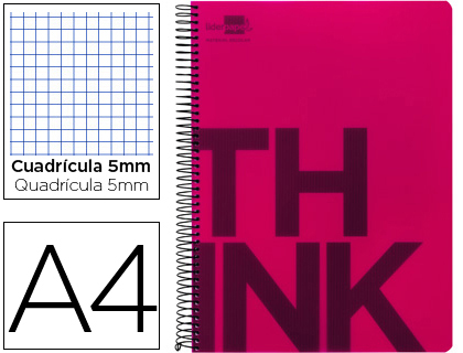 LIDERPAPEL - CUADERNO ESPIRAL A4 MICRO THINK TAPA PLASTICO 140H 80 GR CUADRO 5MM 5 BANDAS 4 TALADROS ROJO (Ref.BA16)