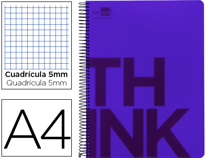 LIDERPAPEL - CUADERNO ESPIRAL A4 MICRO THINK TAPA PLASTICO 140H 80 GR CUADRO 5MM 5 BANDAS 4 TALADROS VIOLETA (Ref.BA19)