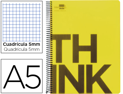 LIDERPAPEL - CUADERNO ESPIRAL A5 MICRO THINK TAPA PLASTICO 160H 80 GR CUADRO 5MM 5 BANDAS 6 TALADROS AMARILLO (Ref.BJ19)