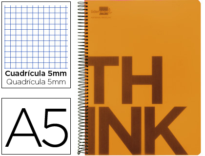 LIDERPAPEL - CUADERNO ESPIRAL A5 MICRO THINK TAPA PLASTICO 160H 80 GR CUADRO 5MM 5 BANDAS 6 TALADROS NARANJA (Ref.BJ17)