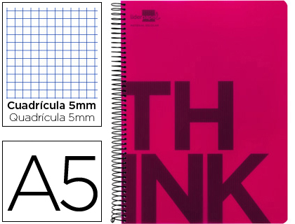 LIDERPAPEL - CUADERNO ESPIRAL A5 MICRO THINK TAPA PLASTICO 160H 80 GR CUADRO 5MM 5 BANDAS 6 TALADROS ROJO (Ref.BJ15)