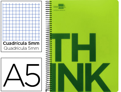 LIDERPAPEL - CUADERNO ESPIRAL A5 MICRO THINK TAPA PLASTICO 160H 80 GR CUADRO 5MM 5 BANDAS 6 TALADROS VERDE (Ref.BJ16)