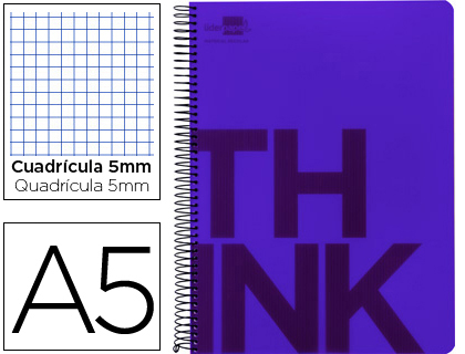 LIDERPAPEL - CUADERNO ESPIRAL A5 MICRO THINK TAPA PLASTICO 160H 80 GR CUADRO 5MM 5 BANDAS 6 TALADROS VIOLETA (Ref.BJ18)