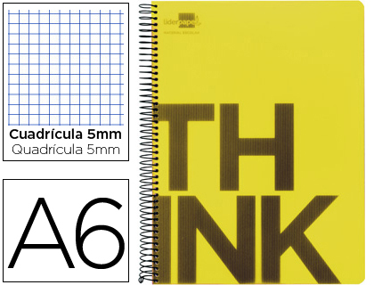 LIDERPAPEL - CUADERNO ESPIRAL A6 MICRO THINK TAPA PLASTICO 140H 80 GR CUADRO 5MM 4 BANDAS AMARILLO (Ref.BD15)