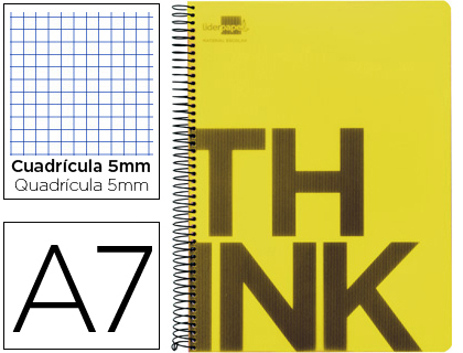 LIDERPAPEL - CUADERNO ESPIRAL A7 MICRO THINK TAPA PLASTICO 100H 70G CUADRO 5MM 4 BANDAS AMARILLO (Ref.BG09)