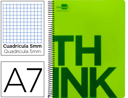 LIDERPAPEL - CUADERNO ESPIRAL A7 MICRO THINK TAPA PLASTICO 100H 70G CUADRO 5MM 4 BANDAS VERDE (Ref.BG06)