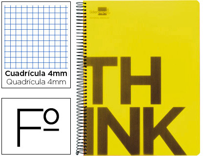 LIDERPAPEL - CUADERNO ESPIRAL FOLIO THINK TAPA PLASTICO 80H 80 GR CUADRO 4MM CON MARGEN COLOR AMARILLO (Ref.TH04)