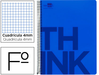 LIDERPAPEL - CUADERNO ESPIRAL FOLIO THINK TAPA PLASTICO 80H 80 GR CUADRO 4MM CON MARGEN COLOR AZUL (Ref.TH01)