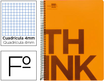 LIDERPAPEL - CUADERNO ESPIRAL FOLIO THINK TAPA PLASTICO 80H 80 GR CUADRO 4MM CON MARGEN COLOR NARANJA (Ref.TH05)