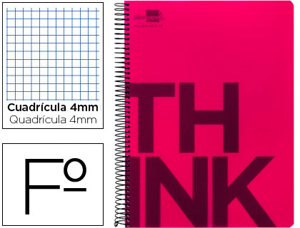 LIDERPAPEL - CUADERNO ESPIRAL FOLIO THINK TAPA PLASTICO 80H 80 GR CUADRO 4MM CON MARGEN COLOR ROJO (Ref.TH02)