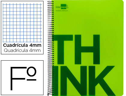LIDERPAPEL - CUADERNO ESPIRAL FOLIO THINK TAPA PLASTICO 80H 80 GR CUADRO 4MM CON MARGEN COLOR VERDE (Ref.TH03)
