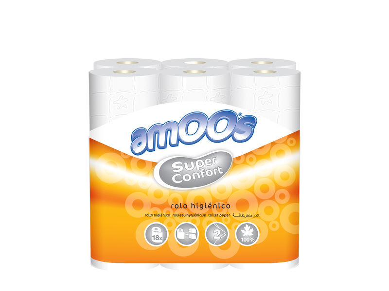 AMOOS - Papel Higiénico de 2 capas Paquete 18 rollos 30m (120mm diámetro x 90mm alto) compacto ultrasuave 100% fibra pura de alta calidad (Ref.H623010.1)