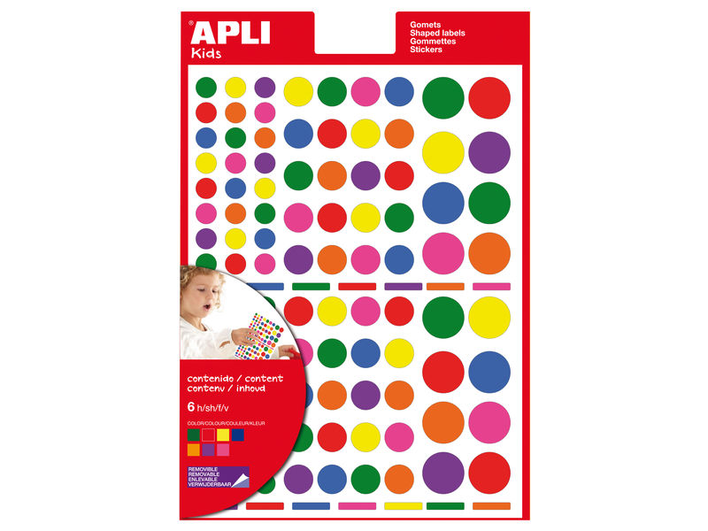 APLI - Bolsa 6 HOJAS DE GOMETS (624U.) ADHESIVO REMOVIBLE 160x217MM. TAMAÑOS Y COLORES SURTIDOS (Ref.12970)