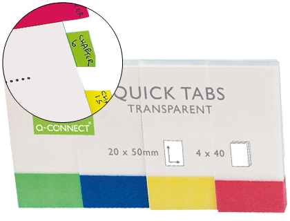 Q-CONNECT - BANDERITAS SEPARADORAS 19X43 MM TRANSPARENTES Y COLOR PACK DE 4 CON 50 HOJAS (Ref.KF01225)