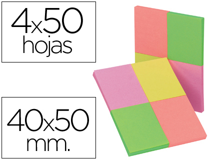 Q-CONNECT - BLOC DE NOTAS ADHESIVAS QUITA Y PON 40X50 MM CON 50 HOJAS FLUORESCENTES PACK DE 4 UNIDADES (Ref.KF10510)