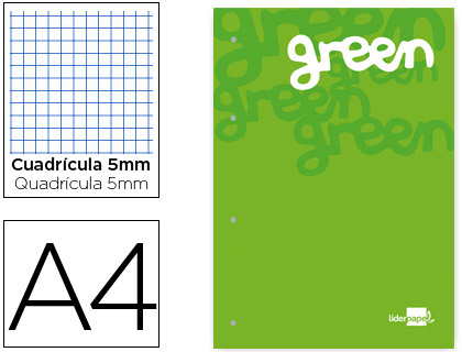 LIDERPAPEL - BLOC ENCOLADO CUADRO 5 MM VERDE A4 NATURAL 100 HOJAS 100 G/M2 (Ref.BR07)