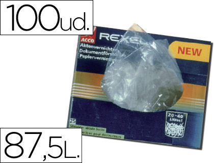 REXEL - BOLSA DE RESIDUOS PARA DESTRUCTORA AS100 100 UNIDADES CAPACIDAD 87,5 LITROS (Ref.40070)