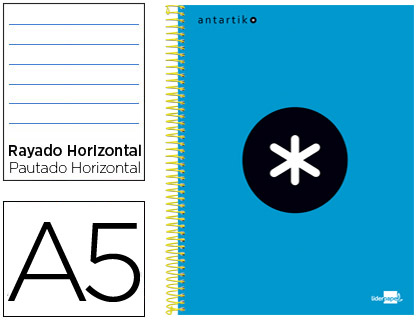 ANTARTIK - CUADERNO ESPIRAL LIDERPAPEL A5 MICRO TAPA FORRADA 120H 100 GR HORIZONTAL 5 BANDAS 6 TALADROS COLOR AZUL (Ref.KD11)