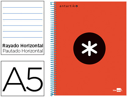 ANTARTIK - CUADERNO ESPIRAL LIDERPAPEL A5 MICRO TAPA FORRADA 120H 100 GR HORIZONTAL 5 BANDAS 6 TALADROS COLOR ROJO (Ref.KD12)