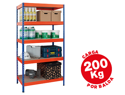 AR STORAGE - ESTANTERIA METALICA 180X90X45 CM 5 ESTANTES 200KG POR ESTANTE BANDEJAS DE MADERASIN TORNILLOS AZUL NARANJA (Ref.STABIL 90/45)
