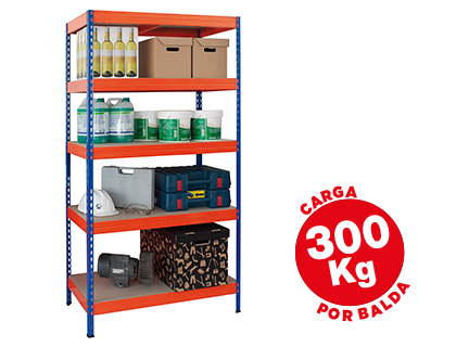 AR STORAGE - ESTANTERIA METALICA 192X100X50CM 5 ESTANTES 300KG POR ESTANTE BANDEJAS DE MADERASIN TORNILLOS AZUL NARANJA (Ref.STABIL 100/50)