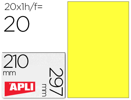 APLI - ETIQUETA ADHESIVA 0 TAMAÑO 210X297 MM PARA LASER FOTOCOPIADORA INK-JET CAJA CON20 HOJAS DIN A4 AMARILLO (Ref.2878)