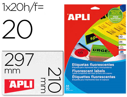 APLI - ETIQUETA ADHESIVA 0 210X297 MM PARA FOTOCOPIADORA LASER CAJA CON 20 HOJAS DIN A4 NARANJA (Ref.2879)