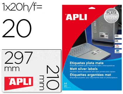 APLI - ETIQUETA ADHESIVA METALIZADA TAMAÑO 210X297 MM PARA FOTOCOPIADORA LASER CAJA 20 HOJAS CON 20 (Ref.10071)